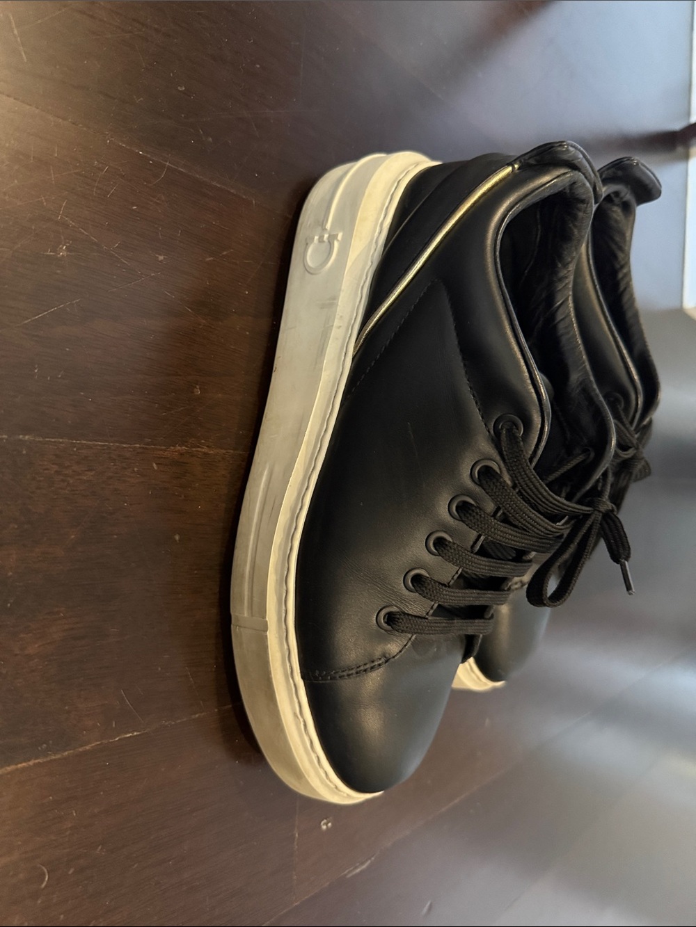 Salvatore Ferragamo Black Leather Low-Top Sneakers with White Sole - Picture 4 of 11